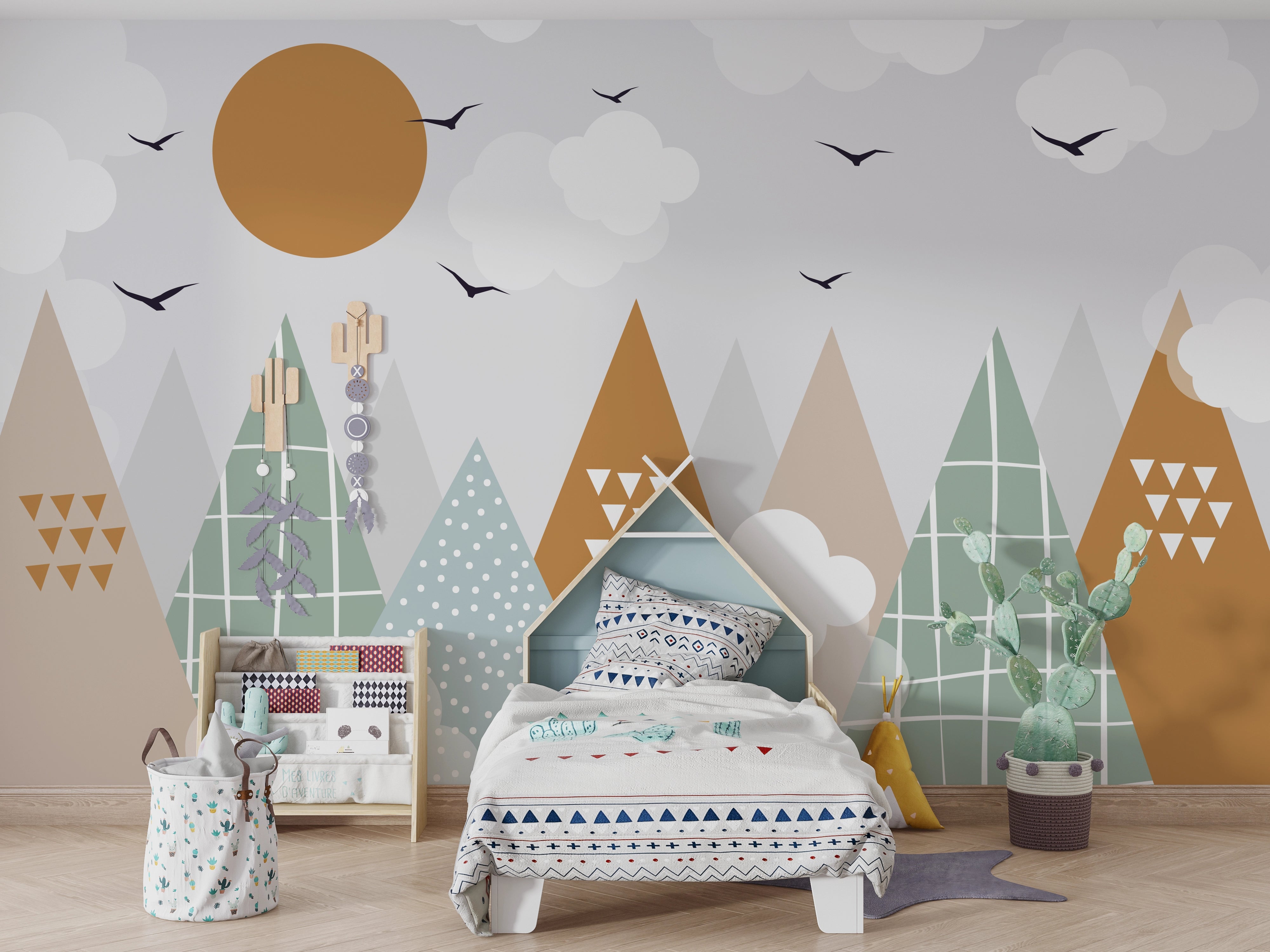 Multi-Colored Mountain Panoramic Wallpaper for Children's Room