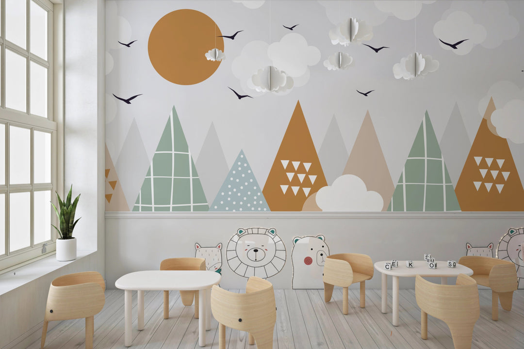 Papier Peint Panoramique Montagne Multicolore pour Chambre d'Enfant - Kam et Léon