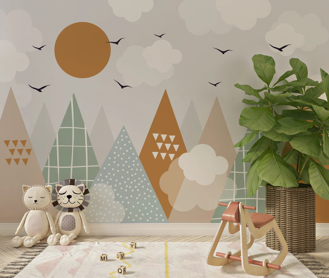 Papier Peint Panoramique Montagne Multicolore pour Chambre d'Enfant - Kam et Léon