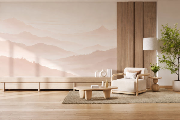 Salon contemporain papier peint montagne terracotta