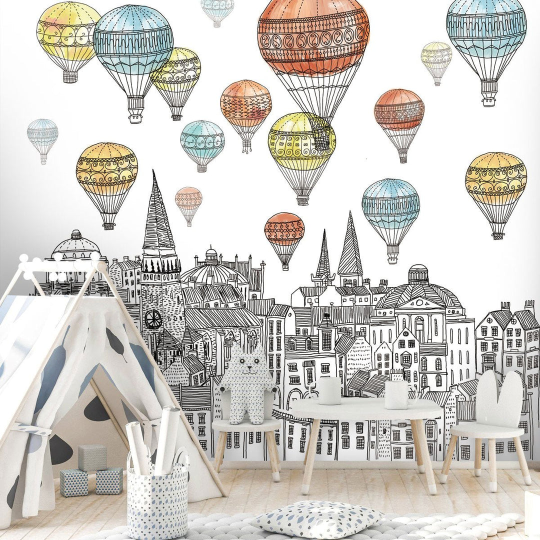 Papier peint panoramique montgolfières colorées - Kam & Leon