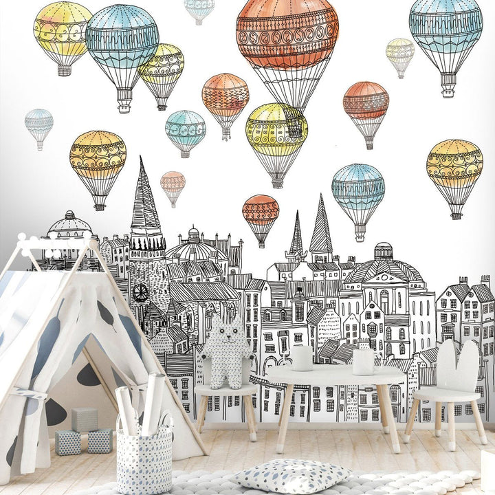 Papier peint panoramique montgolfières colorées - Kam & Leon