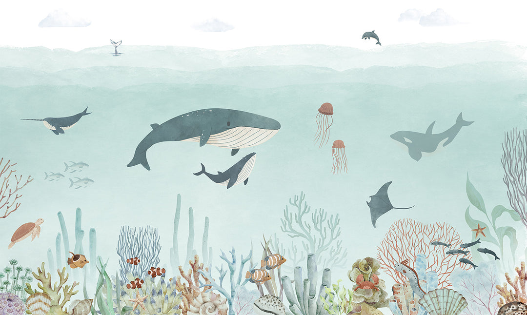 Papier Peint Panoramique Océan Bleu et Animaux Marins