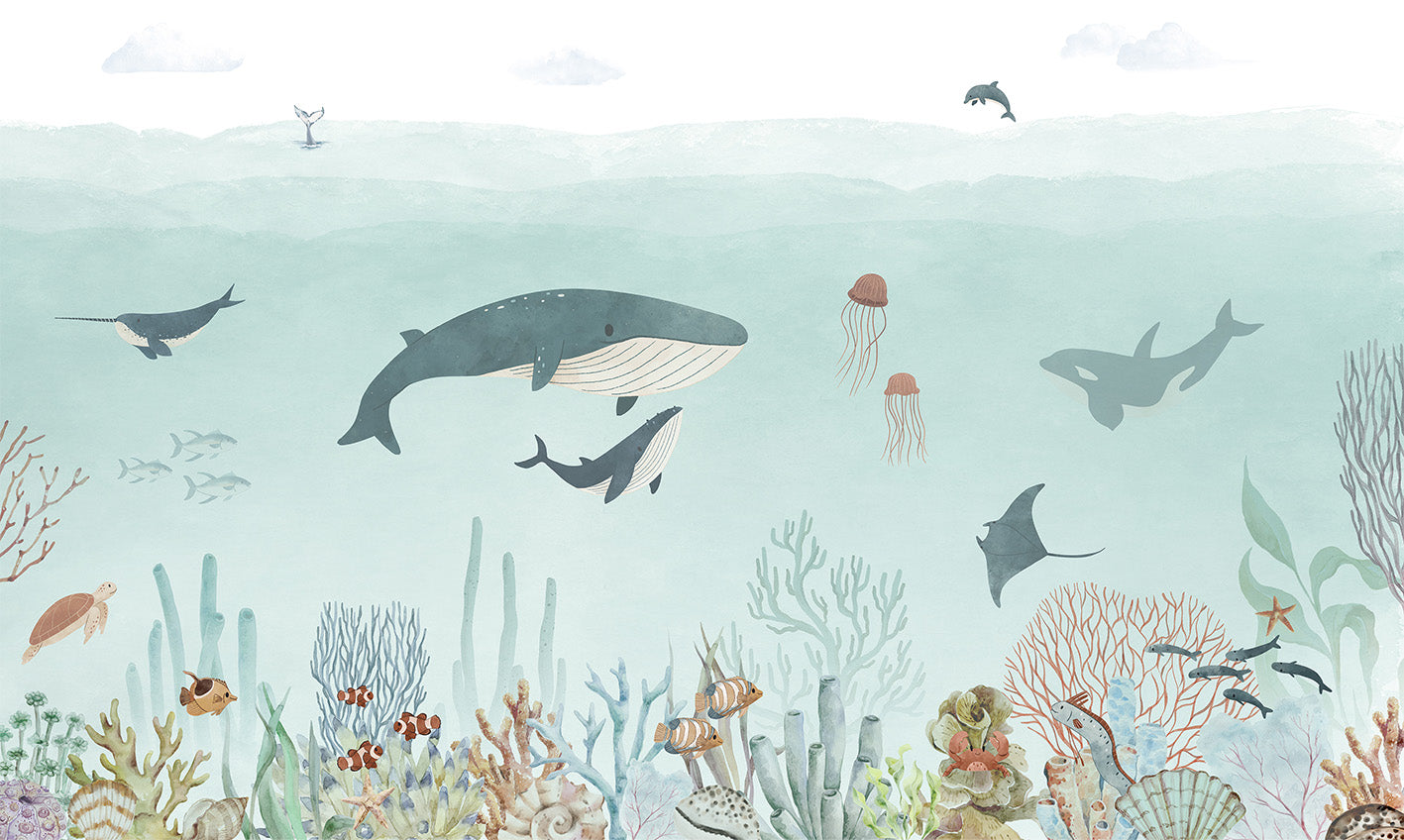 Papier Peint Panoramique Océan Bleu et Animaux Marins