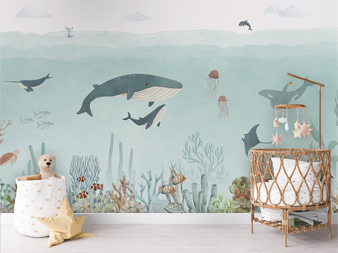 Papier Peint Panoramique Océan Bleu et Animaux Marins