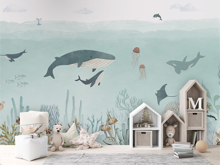 Papier Peint Panoramique Océan Bleu et Animaux Marins