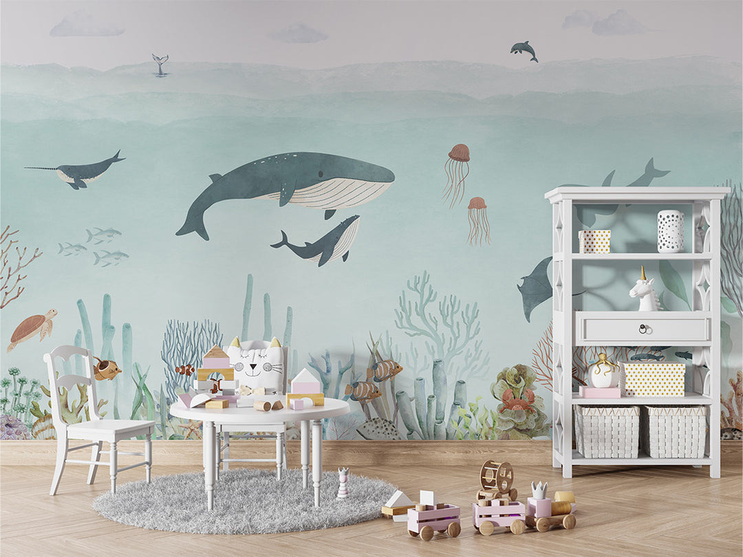Papier Peint Panoramique Océan Bleu et Animaux Marins