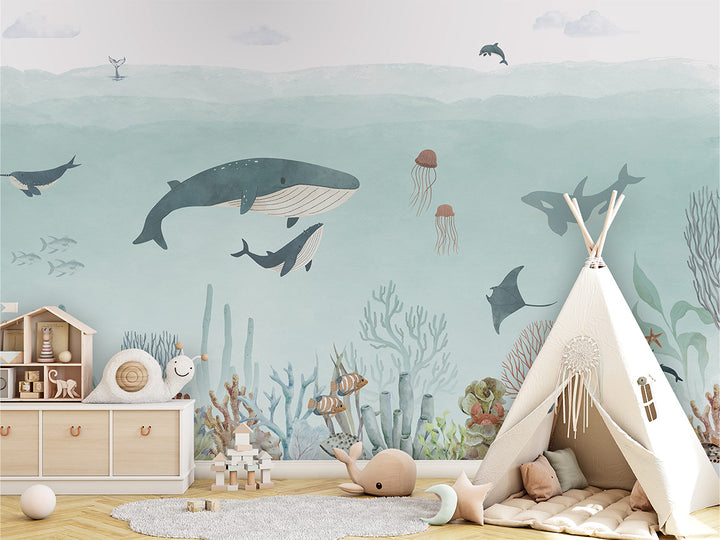 Papier Peint Panoramique Océan Bleu et Animaux Marins