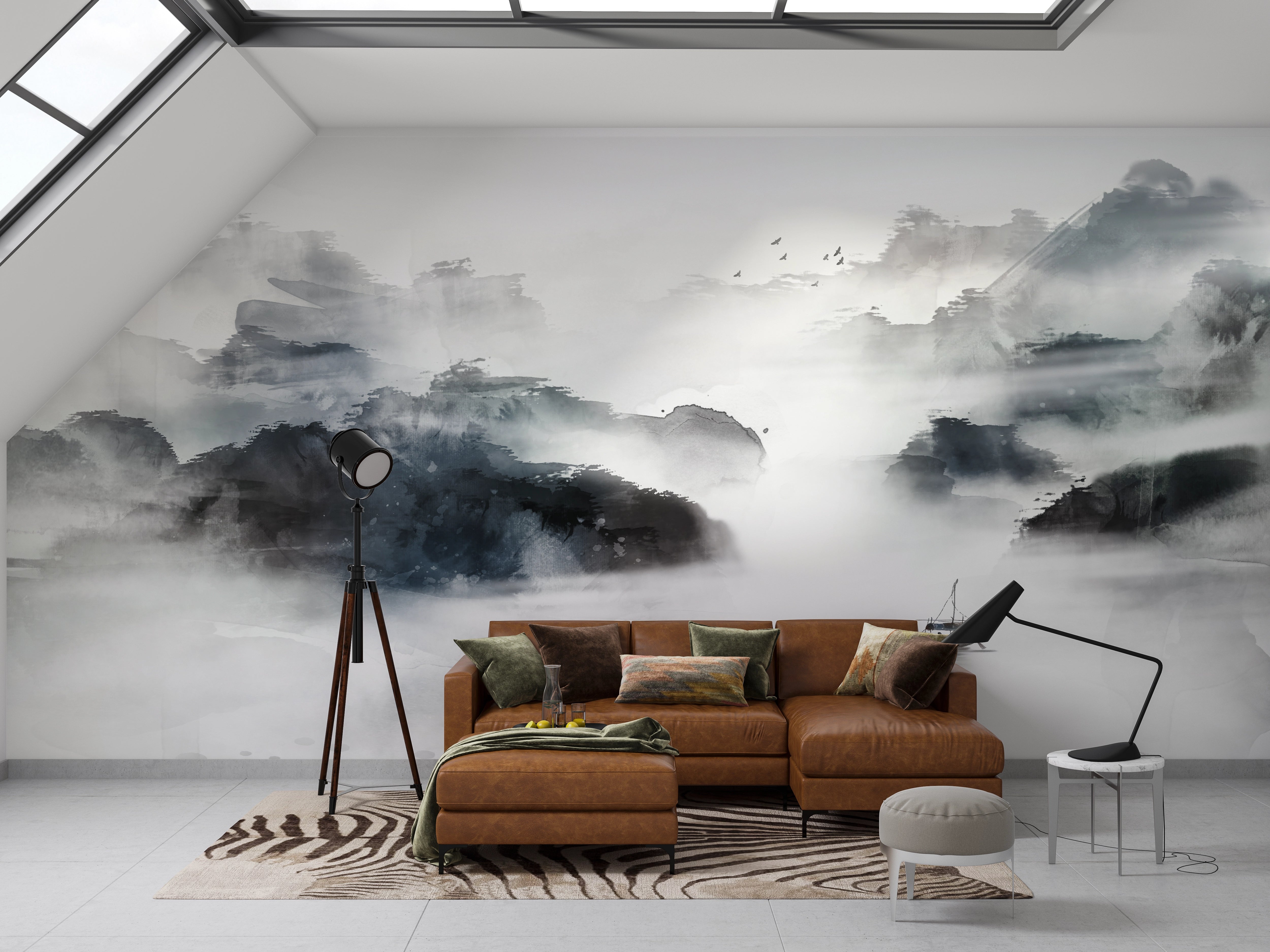 Ocean and rocks ink painting panoramic wallpaper