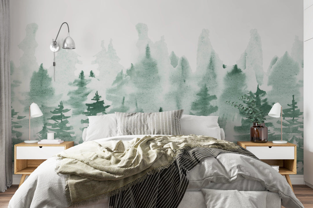 Papier peint panoramique petits sapins - Kam et Léon
