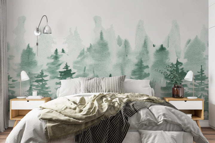 Papier peint panoramique petits sapins - Kam et Léon