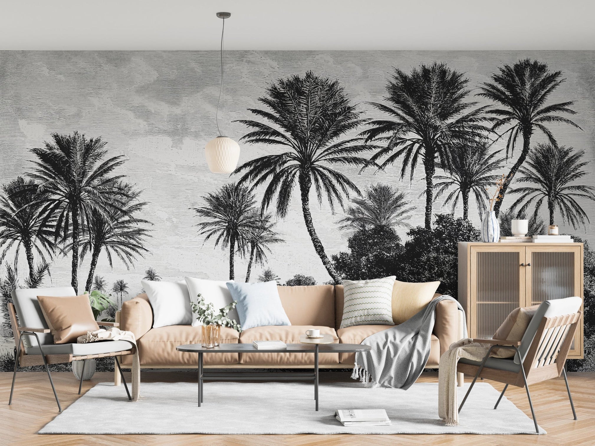 Papier peint panoramique tropical noir et blanc dans un intérieur contemporain