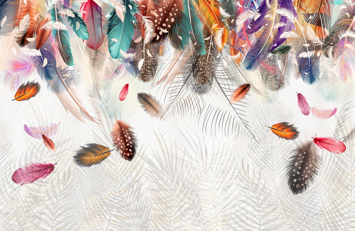 Papier peint panoramique plumes multicolores - Kam et Léon