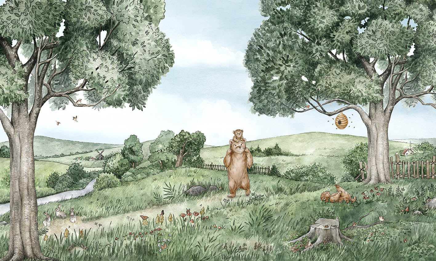 Papier Peint Panoramique Prairie des Ours et Abeilles