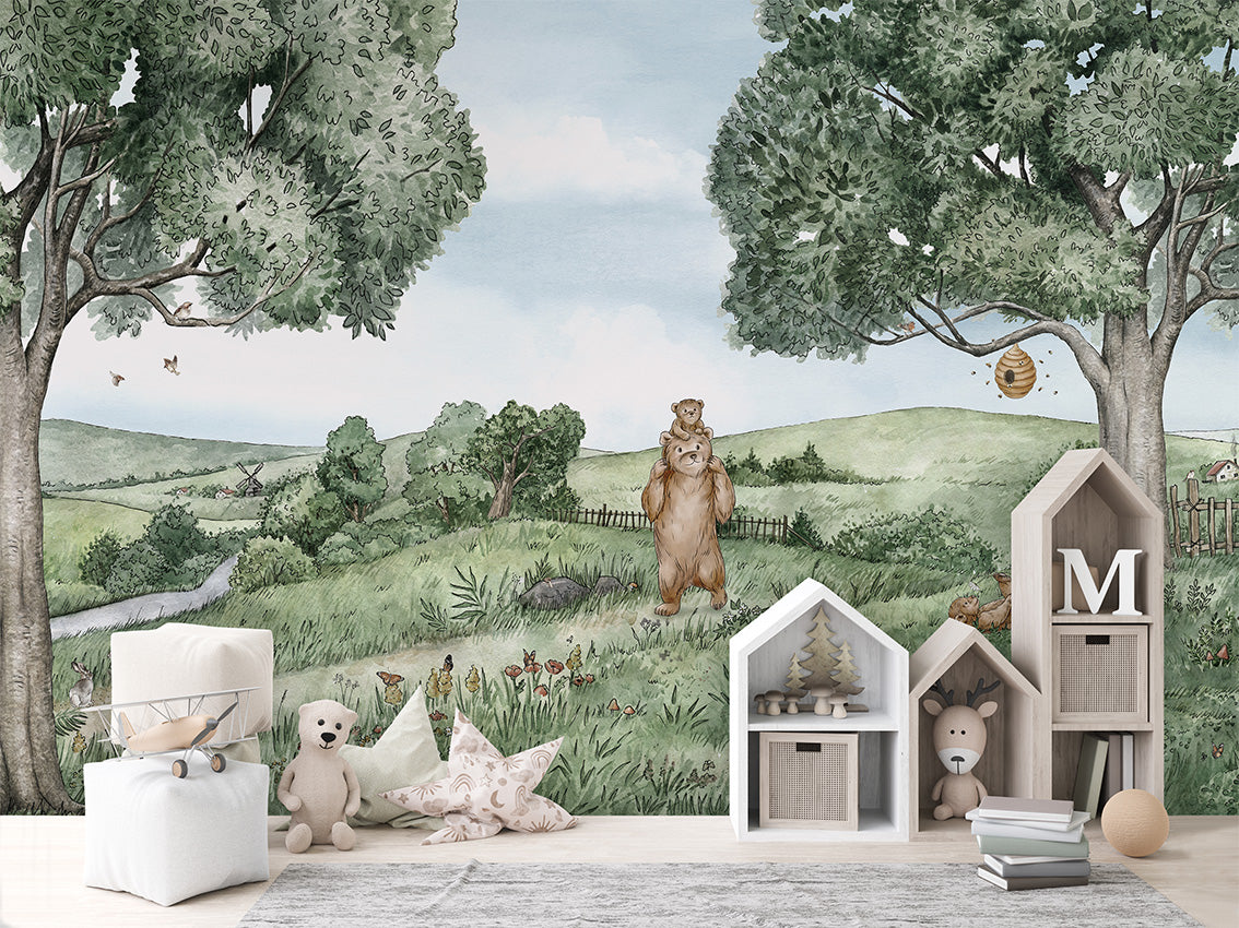 Papier Peint Panoramique Prairie des Ours et Abeilles