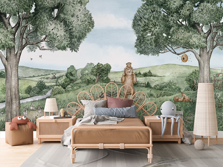 Papier Peint Panoramique Prairie des Ours et Abeilles