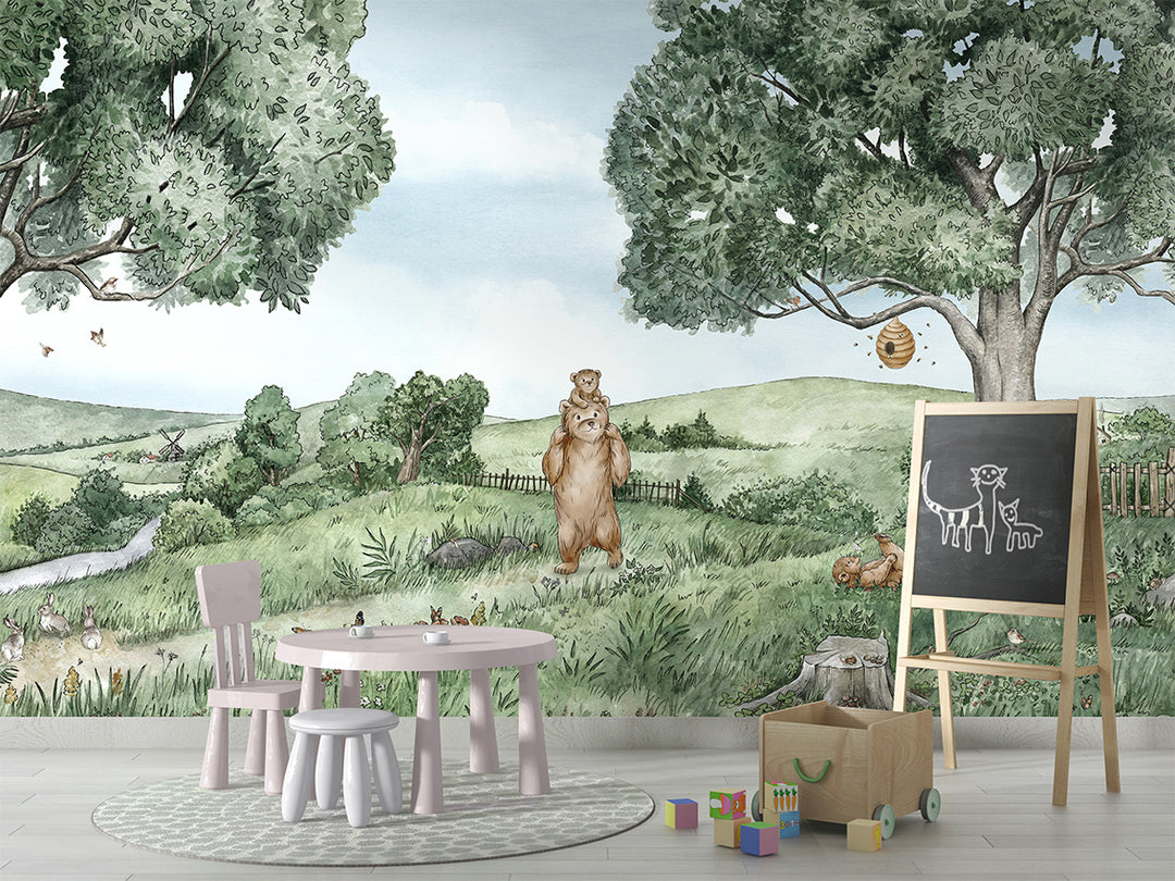 Papier Peint Panoramique Prairie des Ours et Abeilles