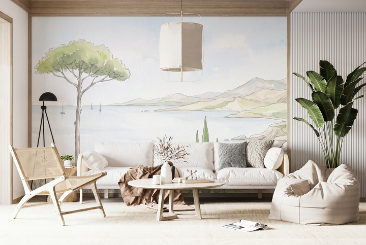 Papier peint sur mesure Rivage Méditerranéen dans un salon beige