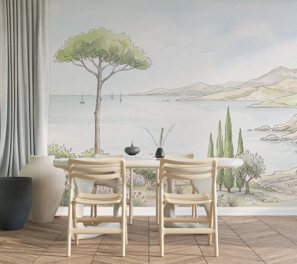Décor mural méditerranéen avec pin parasol et cyprès