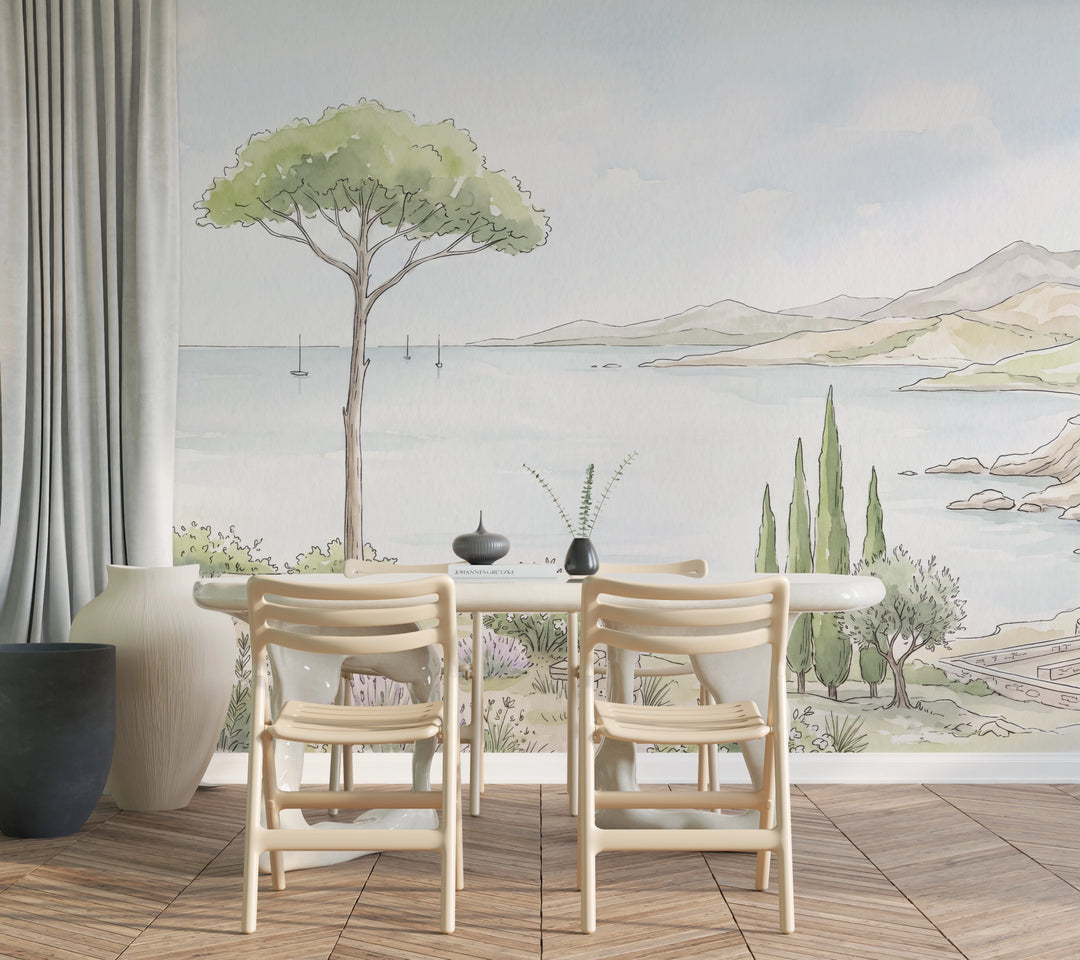 Décor mural méditerranéen avec pin parasol et cyprès