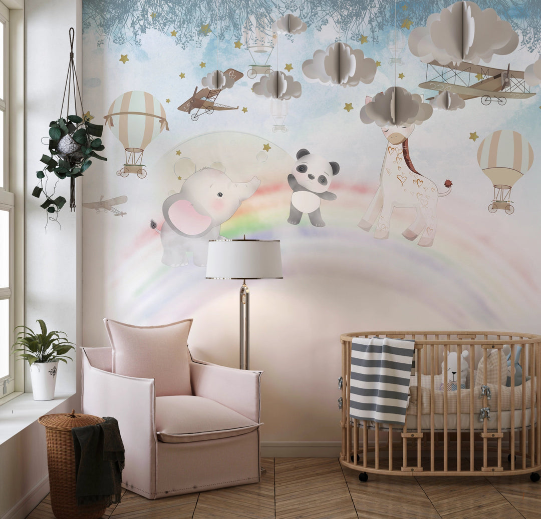 Papier Peint Panoramique Safari Aérien pour Chambre Bébé - Kam et Léon