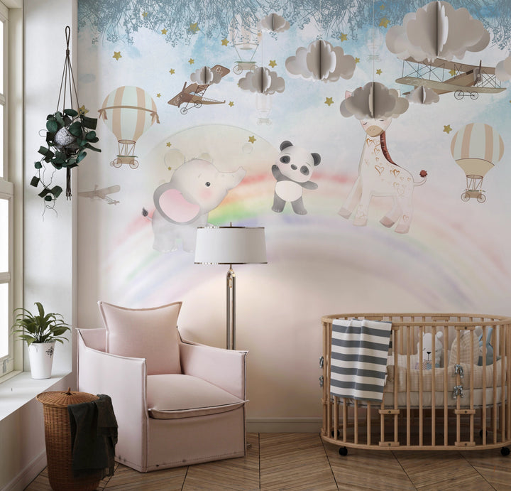 Papier Peint Panoramique Safari Aérien pour Chambre Bébé - Kam et Léon