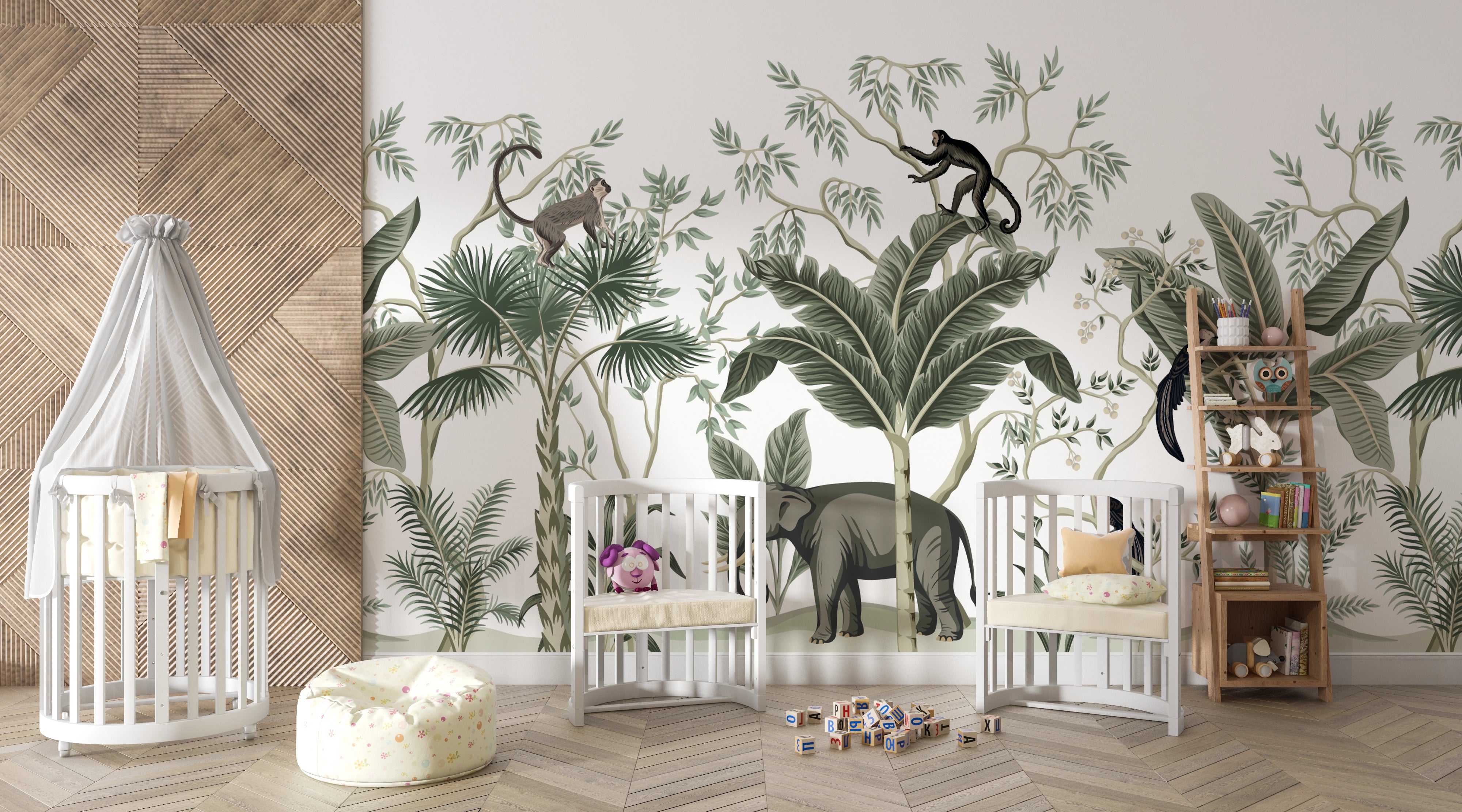 Tropical Elephant and Monkey Panoramic Wallpaper