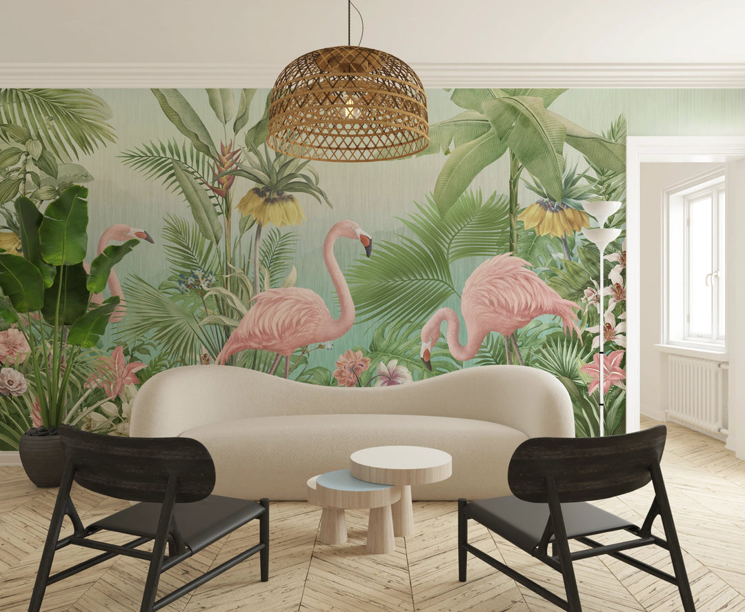 Papier peint panoramique tropical flamant rose - Kam et Léon