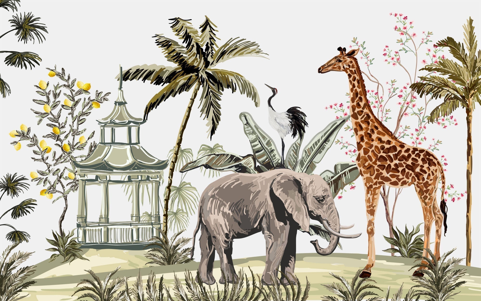 Papel pintado panorámico tropical jirafa y elefante