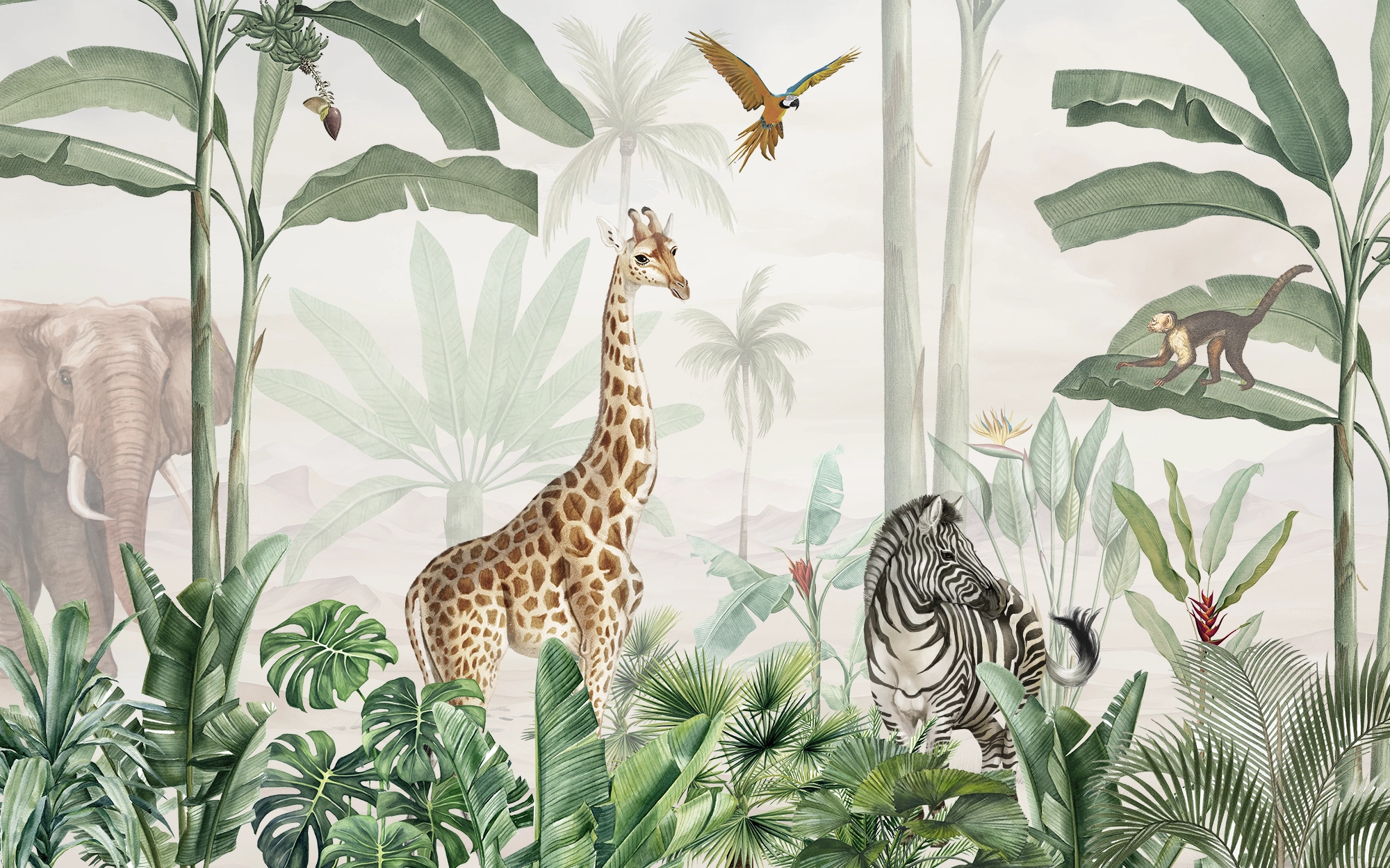 Exotic Giraffe and Tropical Fauna Wallpaper