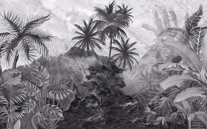 Black and white tropical panoramic wallpaper