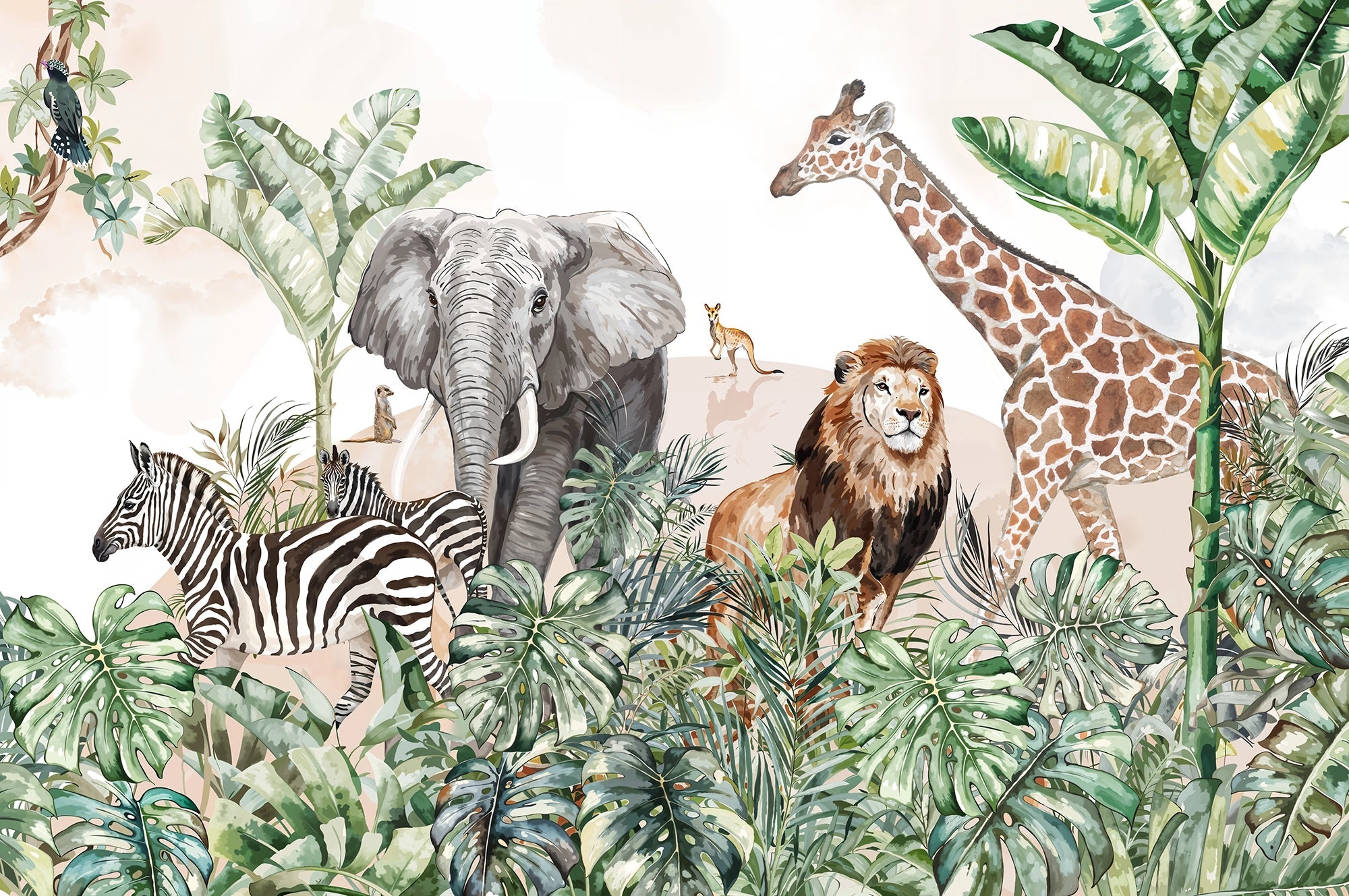 Papier peint panoramique zèbre, lion, girafe & éléphant