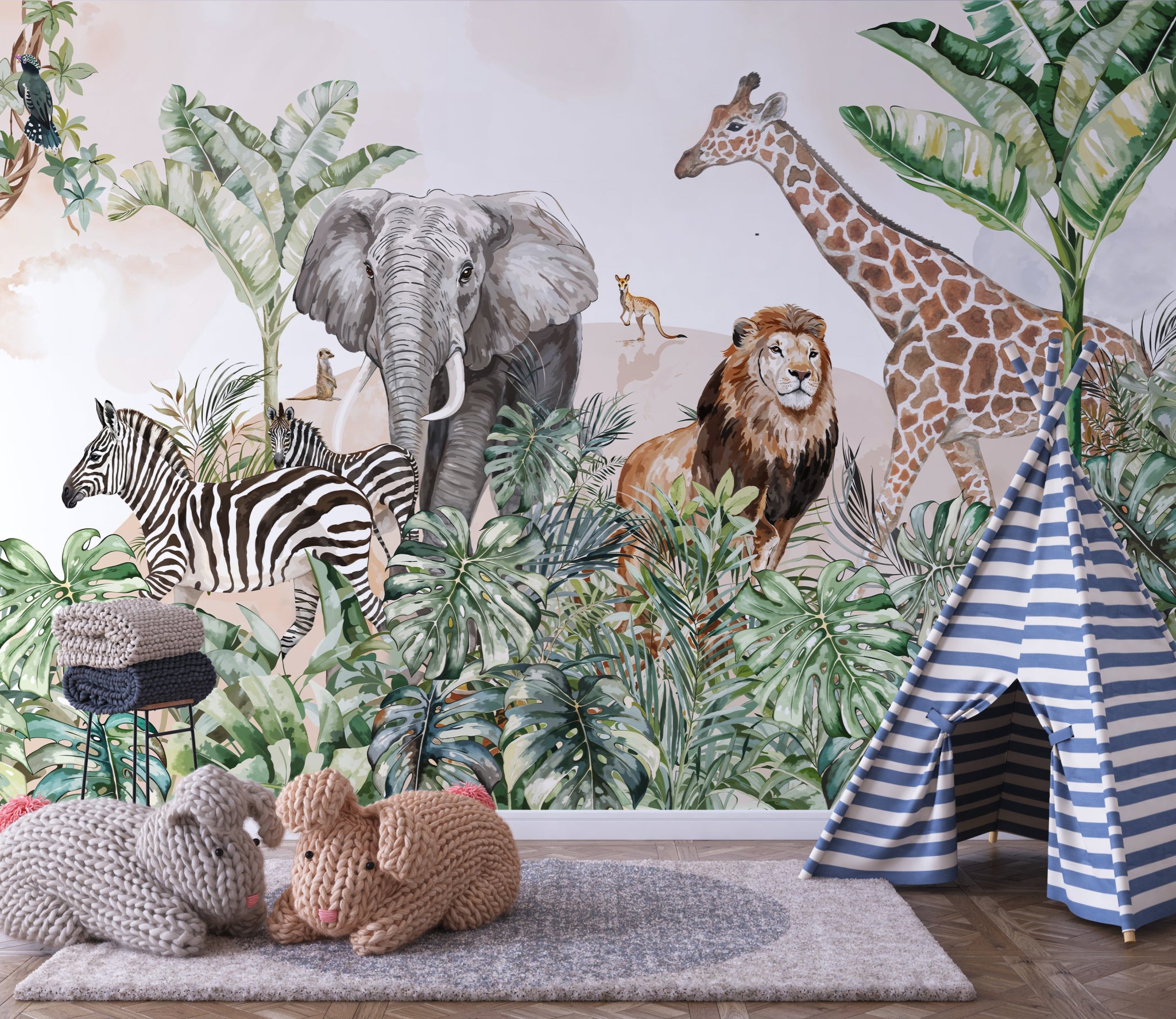 Papier peint panoramique zèbre, lion, girafe & éléphant