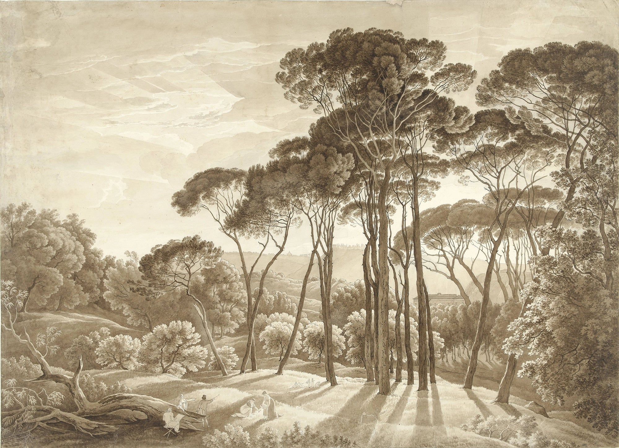 Pine tree landscape wallpaper in sepia