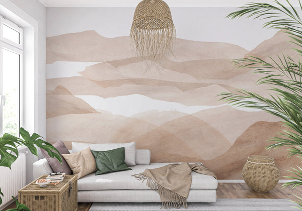 Papier peint paysage désertique aquarelle beige et sable - composition nude apaisante