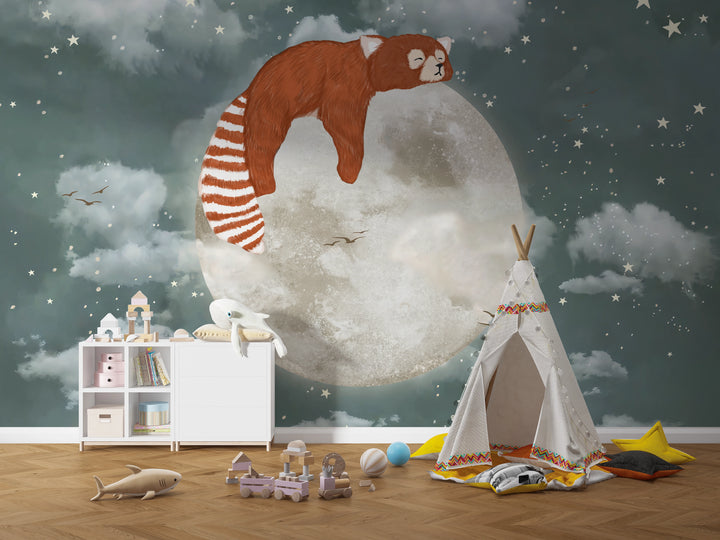 Papier peint petit panda roux sur la lune