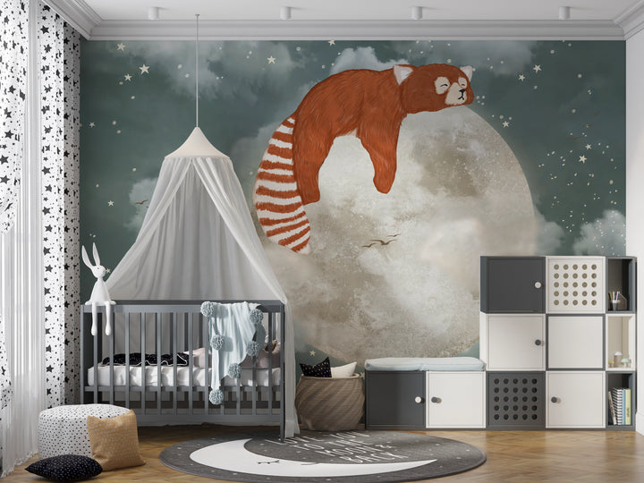 Papier peint petit panda roux sur la lune