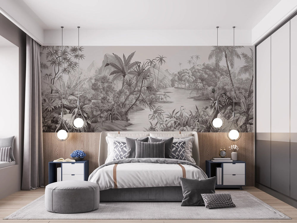 Papier peint rivière dans la jungle noir et blanc - Kam & Leon
