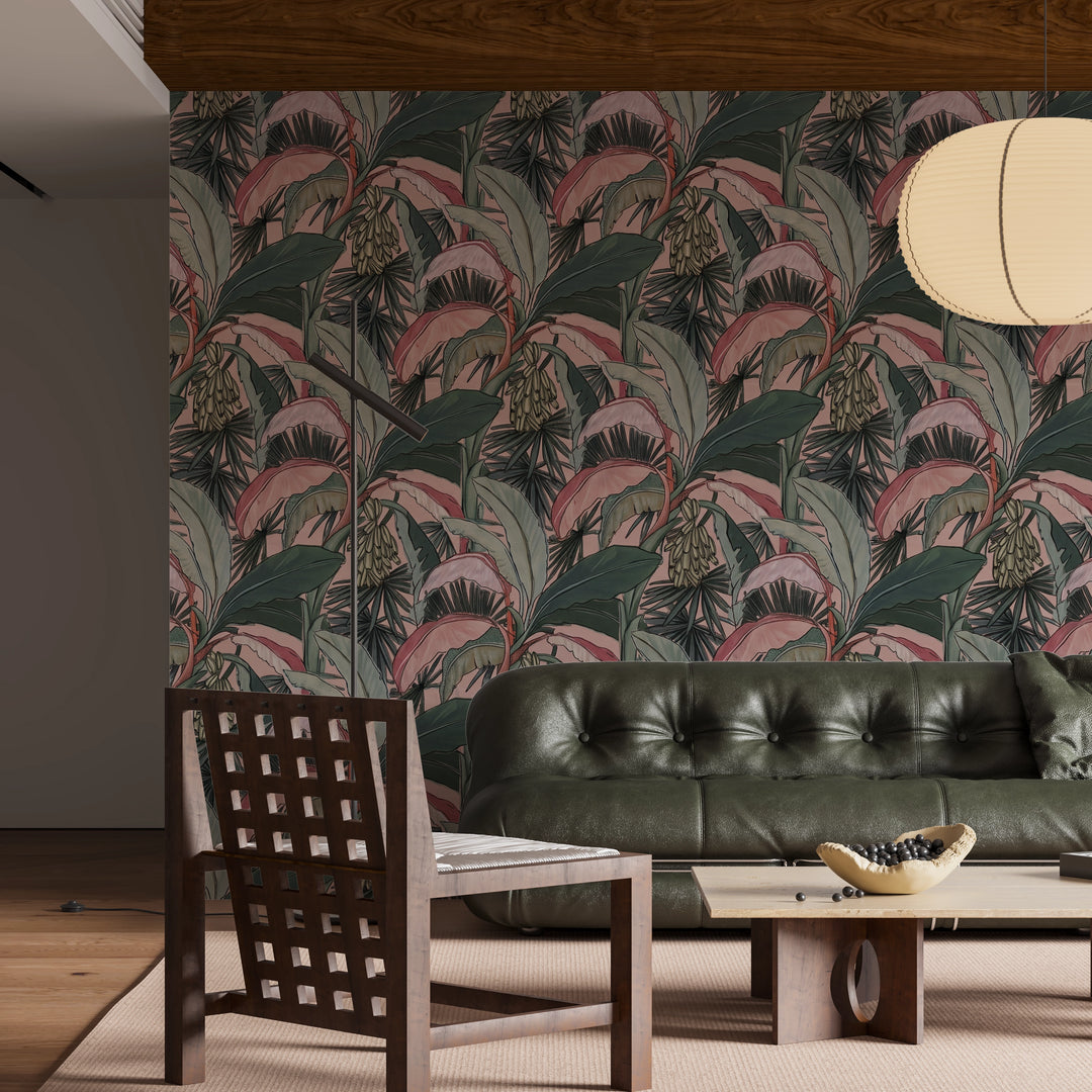 Pink and green banana leaf wall design