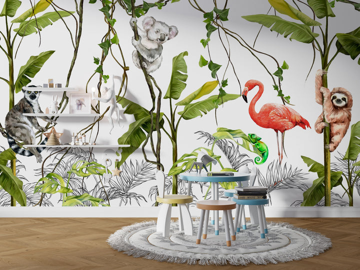 Papier peint singe et flamant rose