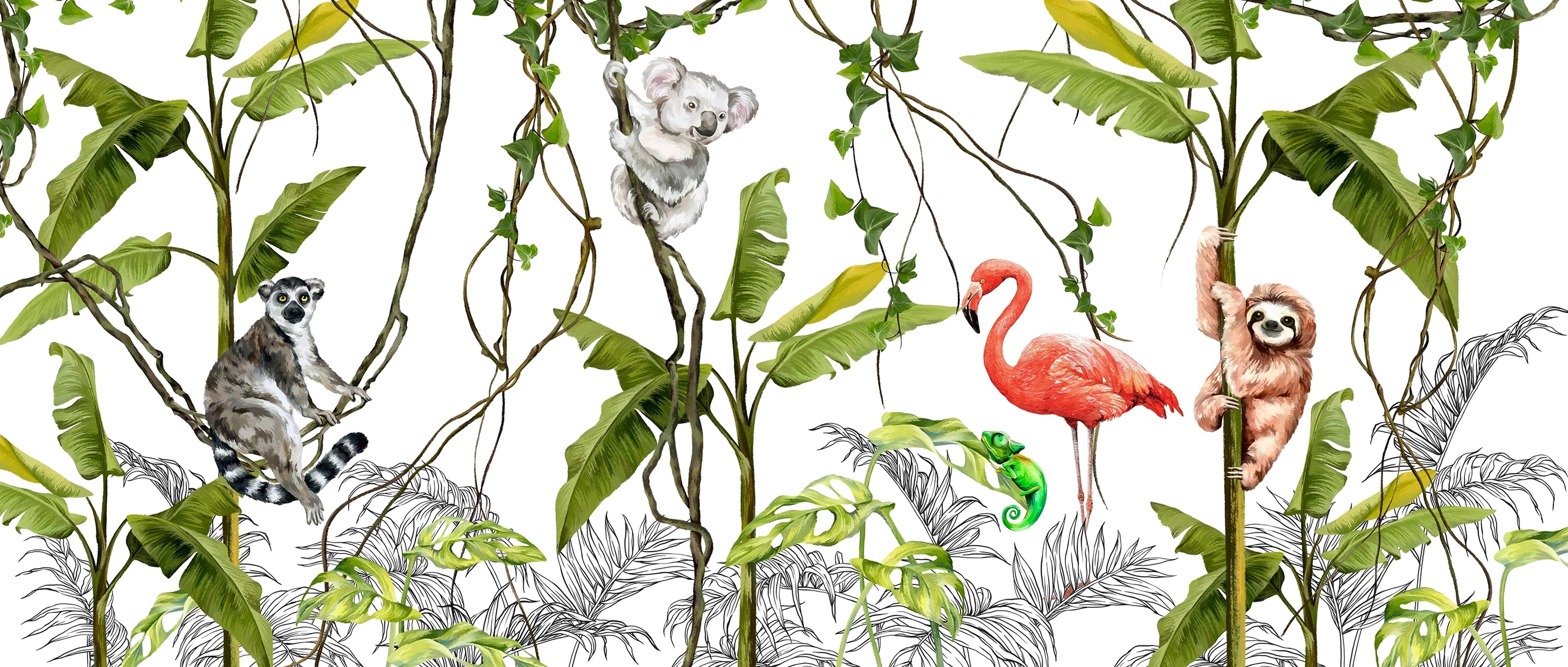 Papier peint singe et flamant rose