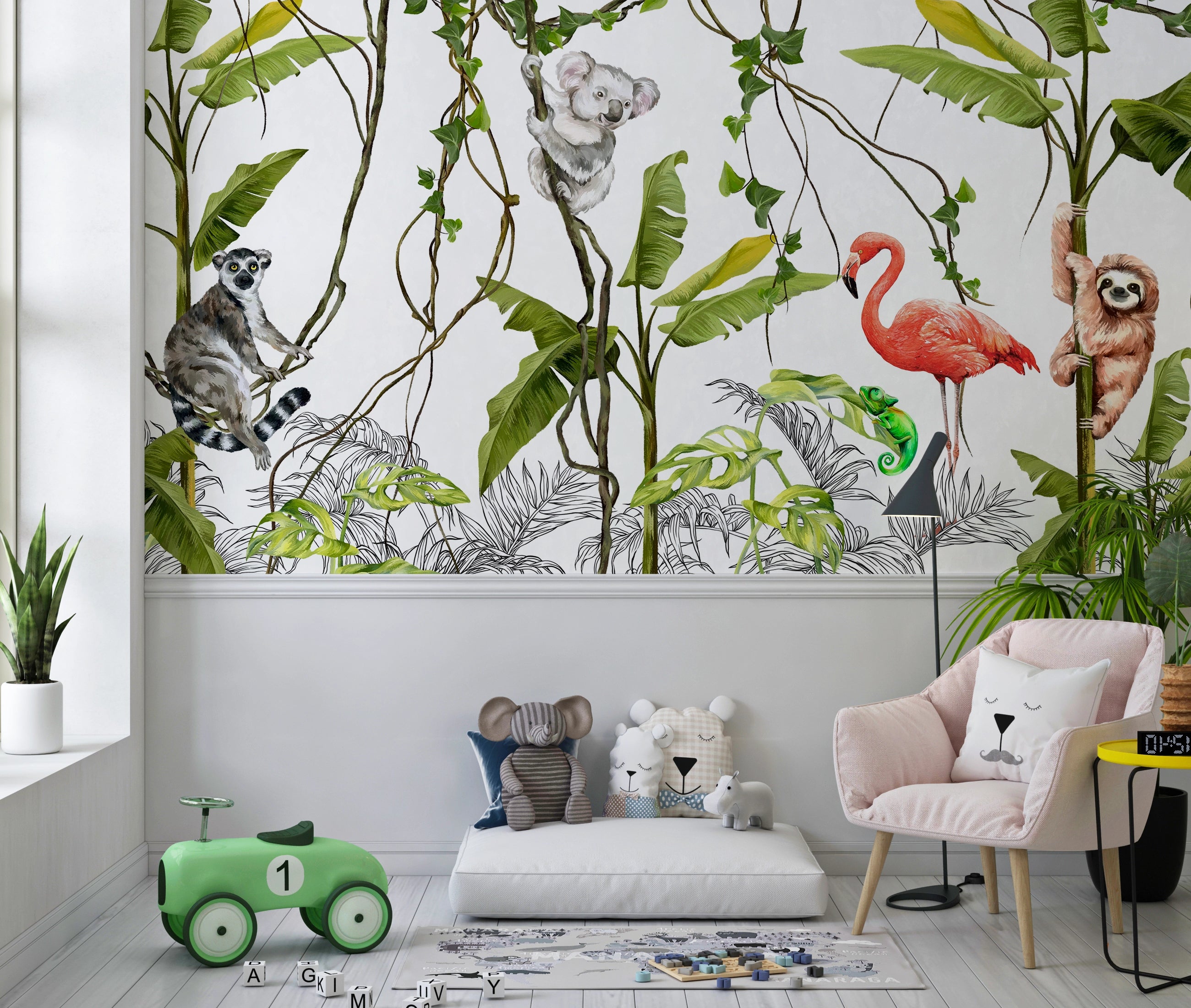 Papier peint singe et flamant rose