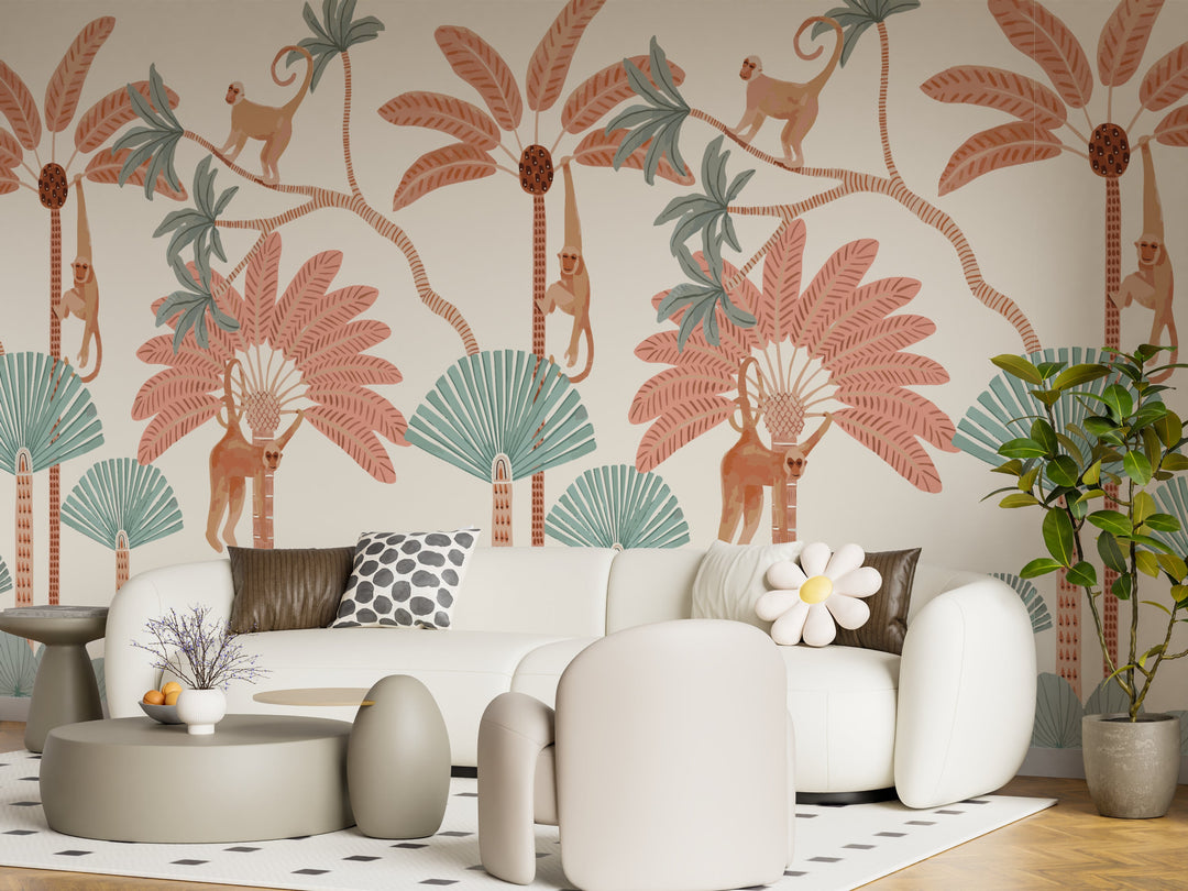 Papier Peint Singes sous les Palmiers Tropicaux - Kam et Léon