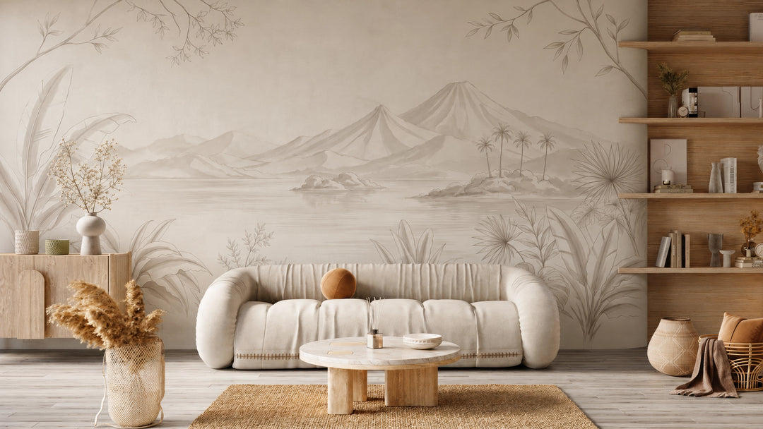 Papier peint paysage montagneux aux tons neutres 