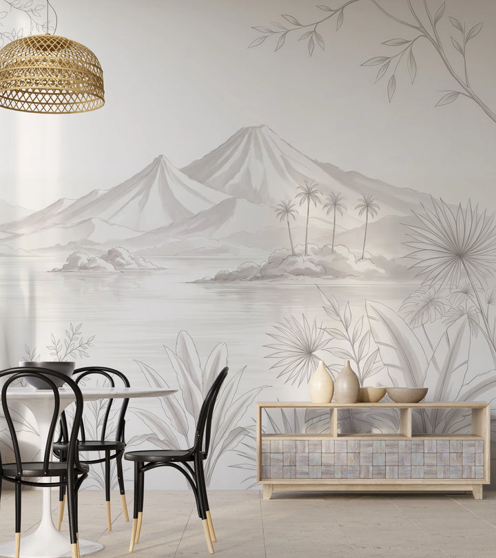 Papier peint sur mesure Horizon tropical avec montagnes, lagune et feuillages exotiques