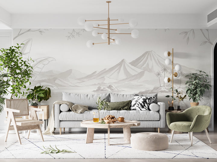 Papier peint panoramique beige Horizon tropical dans un salon lumineux