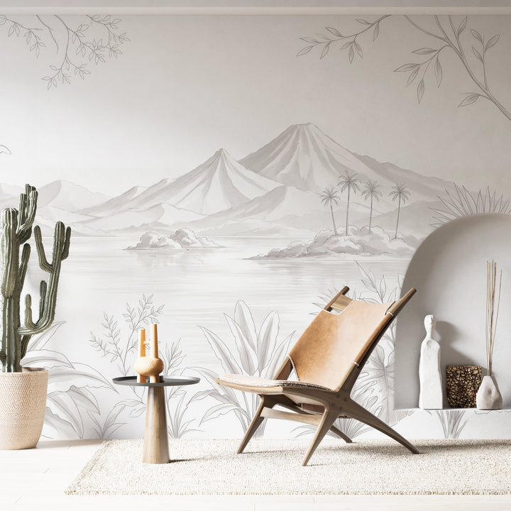 Décor mural tropical effet dessin au crayon pour chambre adulte
