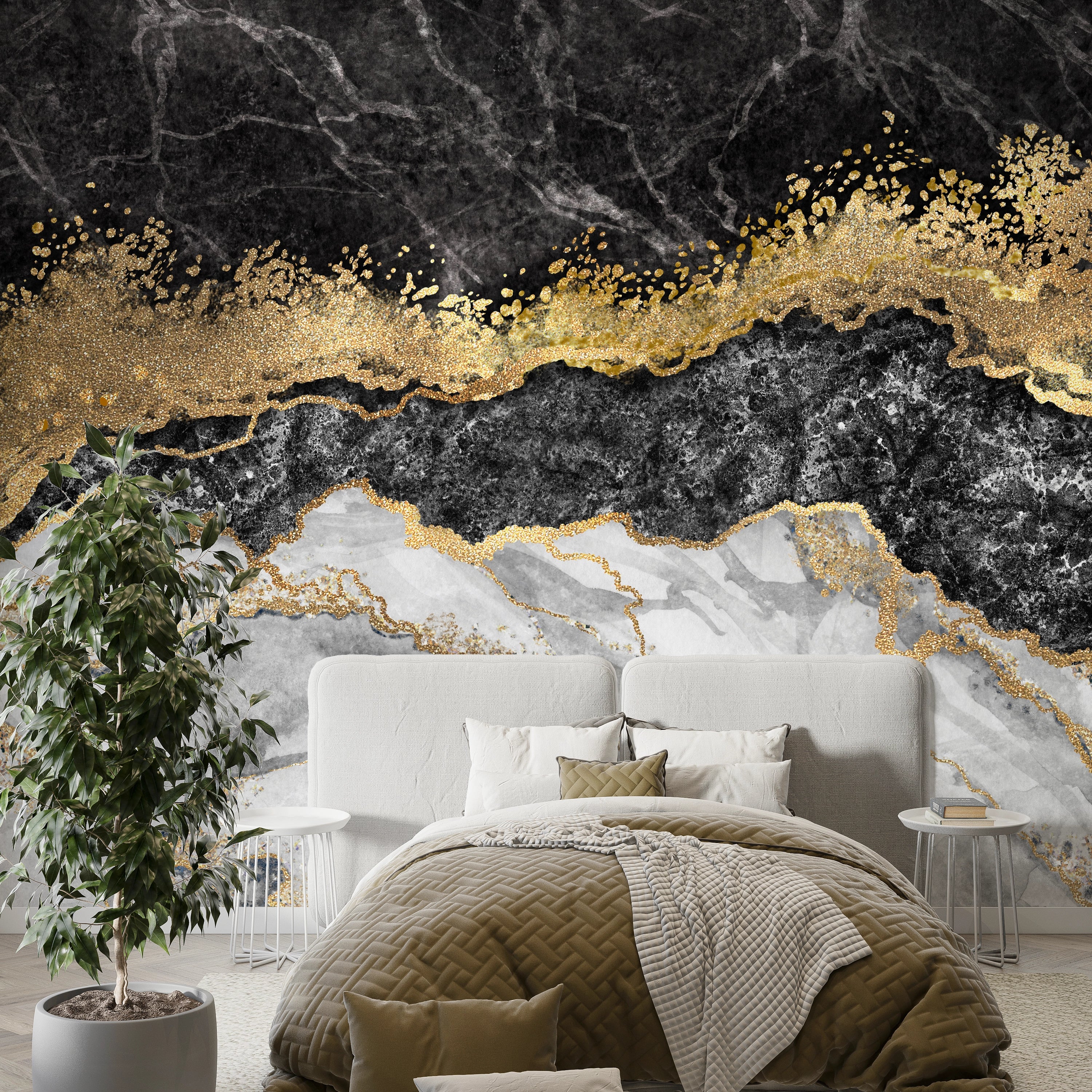 Custom-made black and white marble effect wallpaper