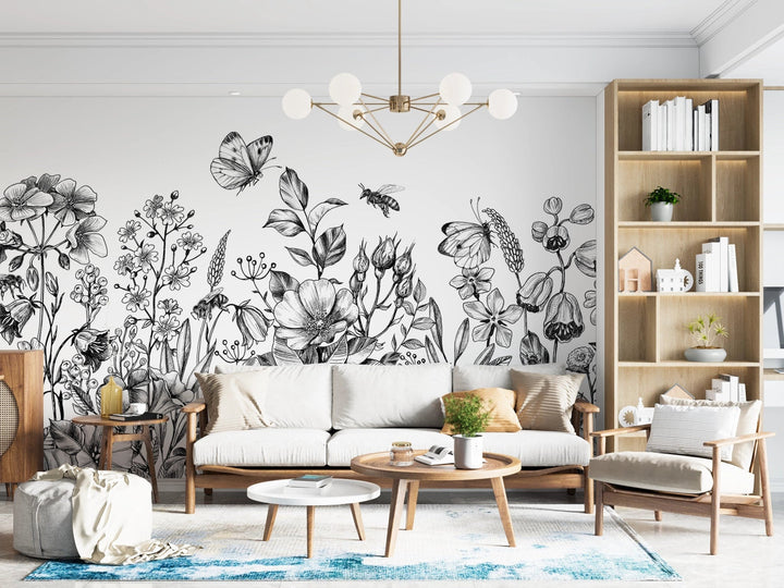 Papier peint Tendance Champs Floral Noir & Blanc - Kam & Leon