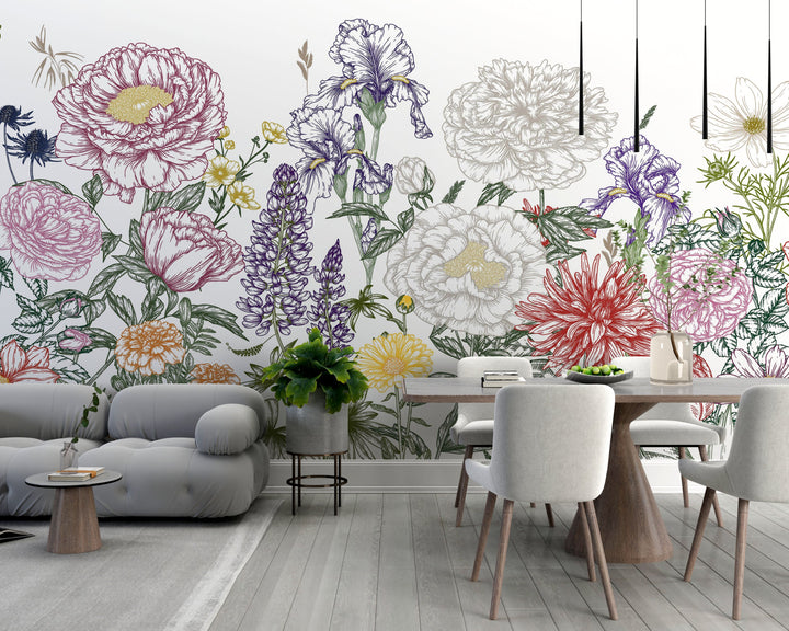 Papier Peint Tendance Fleurs Graphiques - Kam et Léon